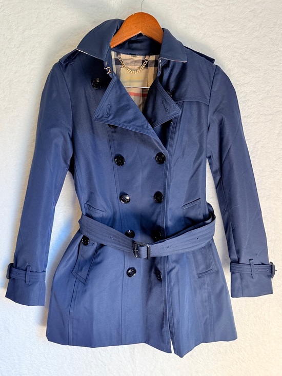 Geza Jackets & Blazers - Geza Navy Double Breasted Belted Trench Coat Plaid Lined size 6